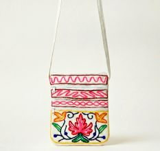 Hand Embroidered Kashmiri Wool & Canvas Crossbody Bag with Floral Motifs